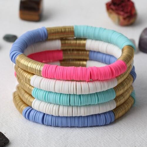 5Pcs 8mm Pink Black White Sky Blue Color Heishi Disc Polymer Clay Beads Elastic String Bracelet Women Bohemia Bracelet Jewelry