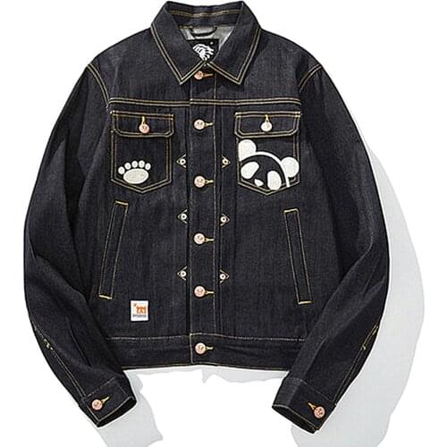 Spring Autumn Men Boys Black Denim Jackets Coats Embroidered Panda Long Sleeve All-Match High Street Streetwear Fashionable