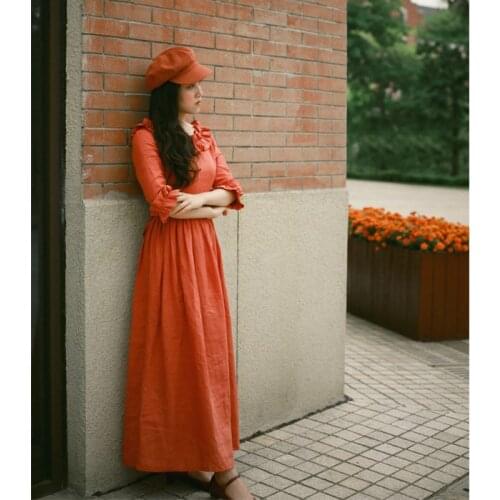 Design Spring Original Summer Autumn Women Vintage Elegant Slim Slash Neck Half Sleeve Cotton Linen Long Dresses
