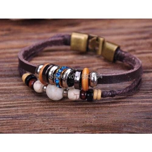 G73 Bronze Surfer Hemp Leather Wood Beads Wristband Bracelet Cuff Nature Stone Mens