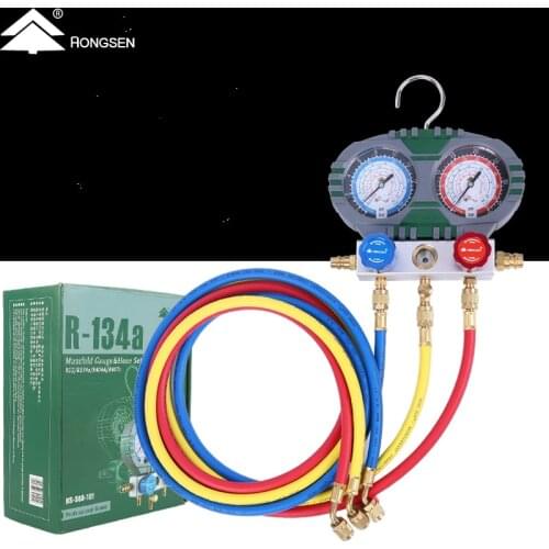 HONGSEN R134-A Refrigerant Manifold Gauge Set Air Conditioning Tools with Hose and Hook for R12 R22 R404A R134A Refrigeration