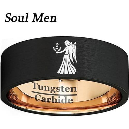 Custom Zodiac Virgo Laser Ring 8mm Mens Black & Rose Gold Color Tungsten Constellation Band Size 7 to 13