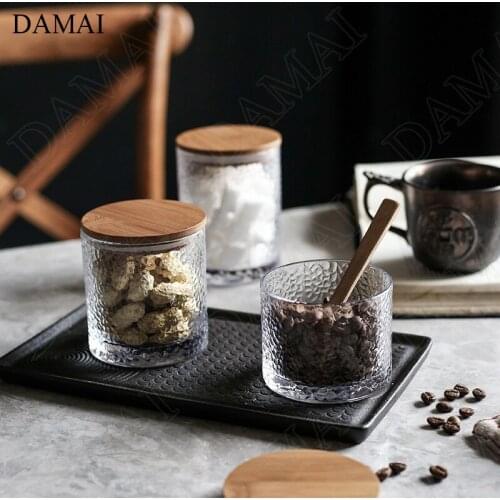 Creativity Hammer Glass Storage Jars with Lid Nordic Simple Bamboo Cover Tea Caddy Coffee Table Snack Candy Jar Kitchen Supplies