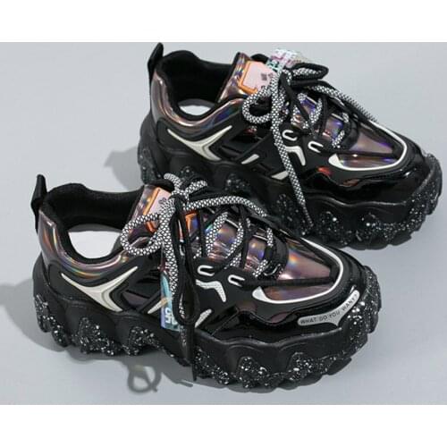 Chunky Sneakers Women New Patent Leather Snowflake Platform Increased Sneakers Female Fashion Lace-Up Sequin Casual Shoes