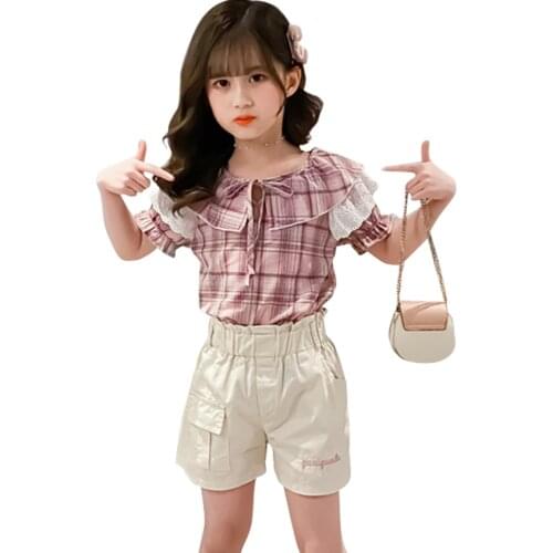 Clothes For Girls Plaid Tshirt + Short Suit For Girls Patchwork Tracksuit For Girl Summer Childrens Costume 6 8 10 12 14