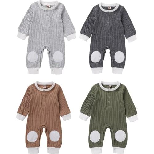 FOCUSNORM Autumn Baby Boys Girls Rompers Solid Patchwork Long Sleeve Button Jumpsuits 0-18M 4 Colors