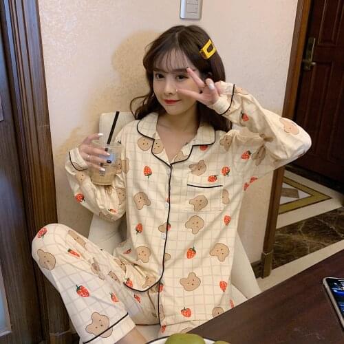 Korean Cartoon Printed Girls Pajamas Set Cute Winter Long Sleeve Leisure Sleepwear For Women Loose Nightwear Homewear Suit