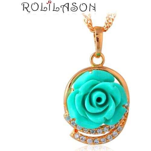 Rose language Green flower for Innocence gold tone AAA Zirconia Crystal Fashion Jewelry Necklaces Pendants for Ladys LN617