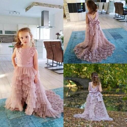 Backless Pink Girls Pageant Dresses Prom Dresses Long Train Tiered Girls Pink Celebrity Birthday Party Dresses Custom
