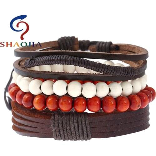 SHAOJIA 1 Set 4 Pcs Fashion Red And White Wooden Beads Charm Women Wrap Bracelets Trendy Braiding Leather Rope Chain Bracelets
