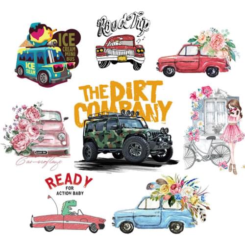 DIY Vinyl Hippie Locomotive Patch Iron On Transfer For Clothing Car Flower Thermal Stickers On Clothes Thermo-Stickers Applique