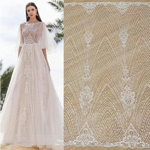 Vintage Striped Flower Wedding Dress Fabric 130CM Width Sequins Bridal Lace Fabric 1 Yard