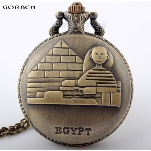 Vintage Bronze Egypt Pyramids Quartz Pocket Watch Necklace Pendant Chain Dress Women Men Watches Gifts Relogio de bolso