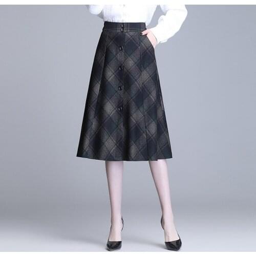 Women High Waist Plus Size Vintage Plaid A-line Skirts Spring Fall Office Lady Elegant Chic Slim Casual Knee-length Skirt 1909