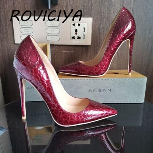 Wine red 12cm high heels designer patent leather PU female female high heels party wedding women shoes QP084 ROVICIYA