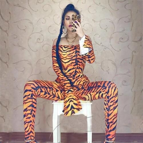 Women Gogo Dance Costumes Tiger Print Split Long Jumpsuit Stage Costume Female Nightclub Bar Pole Dance Rave Clothes DN8790