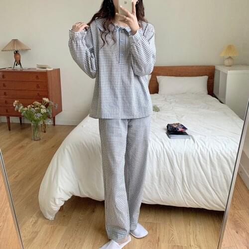 Women pajama set sleepwear two piece set home clothes peter pan collar long sleeve plaid casual pants trouser spring autumn L404