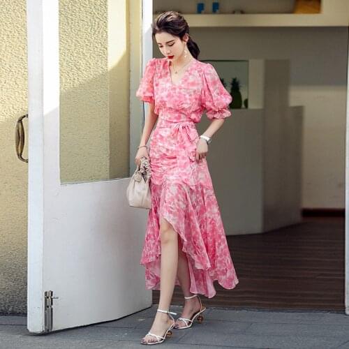 2021 Summer Vintage Floral Split Dress Women French Elegant Party Long Print Dress Sweet Irregular V Neck Holiday Beach Dresses
