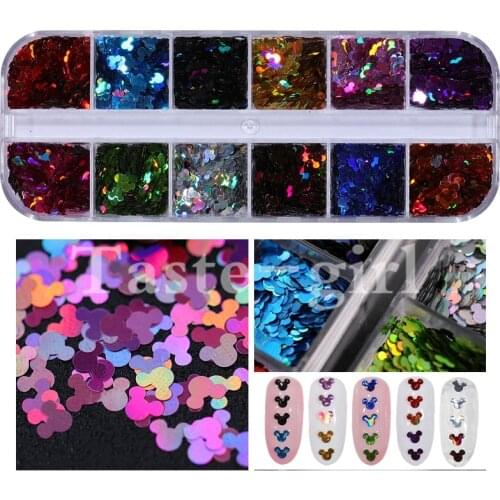 1 Set 12 Colors 3D Ultrathin Sequins Nail Glitter Flakes Sparkly DIY Tips Dazzling Paillette Nail Art Decorations Mickey design