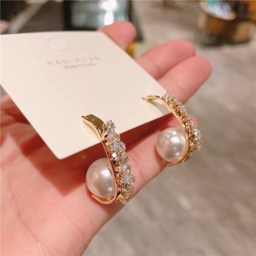2020 New Fahion Womens Earrings Fine Simple Zircon Curve Pearl Earrings for Women Bijoux Korean Party Jewelry Gifts Wholesale