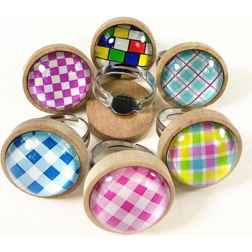 24pcs Wood Cabochon Ring Base with red purple blue green Lattice, dot Photo Glass Cabochon the Ethnic Style ring