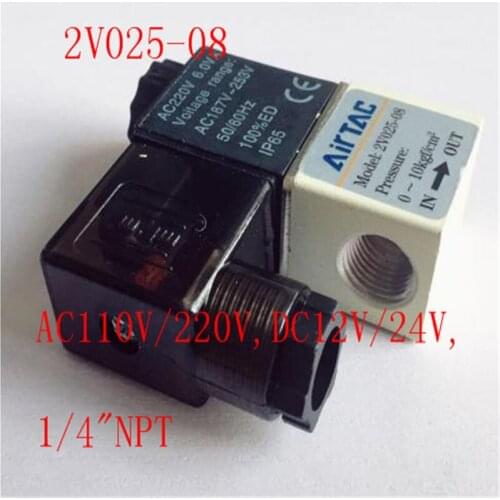 2V025-08 12V/24V DC, 110V/220V AC 2Port 2Pos 1/4" NPT Normally Closed Solenoid Valve Coil Led