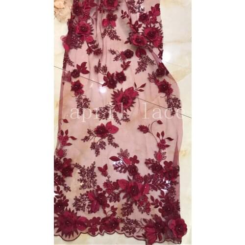 5 yards new bht01# wine red 3d flower pearsl hand made embroidery mesh tulle lace fabric for sawing /wedding