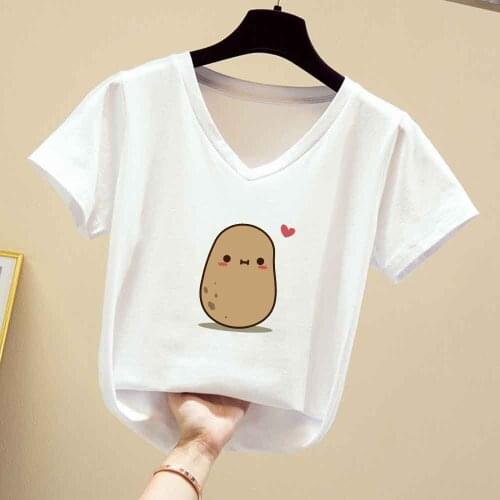 White T Shirt Women V Neck Shirt Casual Office Short Sleeve Tees Cotton Graphic Tee The Heart Potato Print Aesthetic Clothes