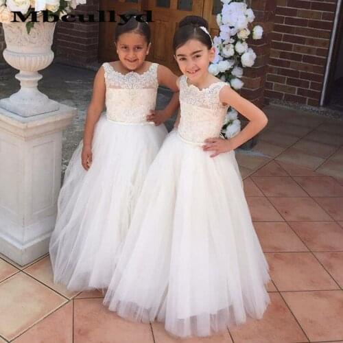 Mbcullyd White A-line Long Flower Girl Dresses For Weddings 2020 Lace Applique Primera Comunion Gowns New Cheap Brithday Dress