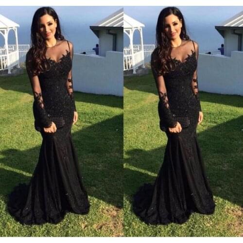 Black Muslim Prom Dresses 2021 Mermaid Long Sleeves Appliques Lace Beaded Islamic Dubai Saudi Arabic Long Formal Evening Gown
