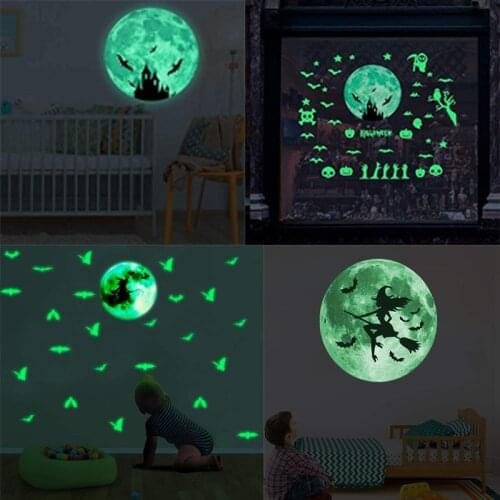 30cm*30cm Fluorescent Wall Sticker Halloween Decorations Glow Dark Moon Wall Decal Witch Grave Bat Removable Ghost Party Decor