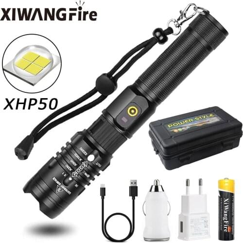 CREE XHP50 LED Flashlight Super Bright Tactical Electric Flashlight Torch USB Rechargeable Zoomable 5 Modes Torch Waterproof