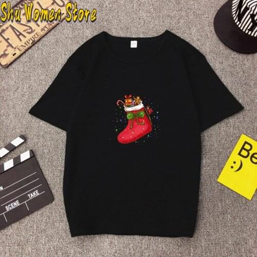 Fashion Christmas Sock Printed Womens Tshirts Casual Shirt Women Deer Printed Tees Funny Santa Claus Print T Shirt Women Tops