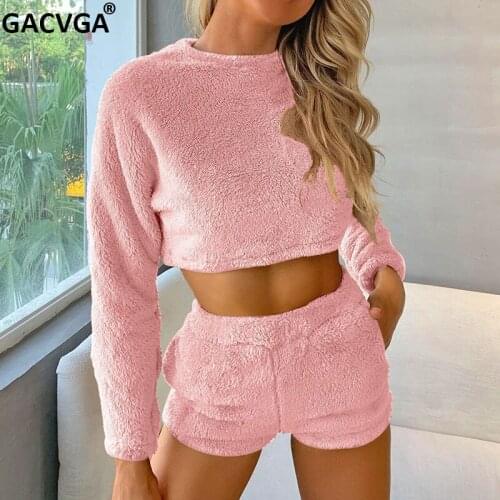 GACVGA Velvet Sweater Two Piece Set Long Sleeve Crop Tops + Bodycon Shorts Suit Winter Warm Sexy 2 Piece Set Women Outfits