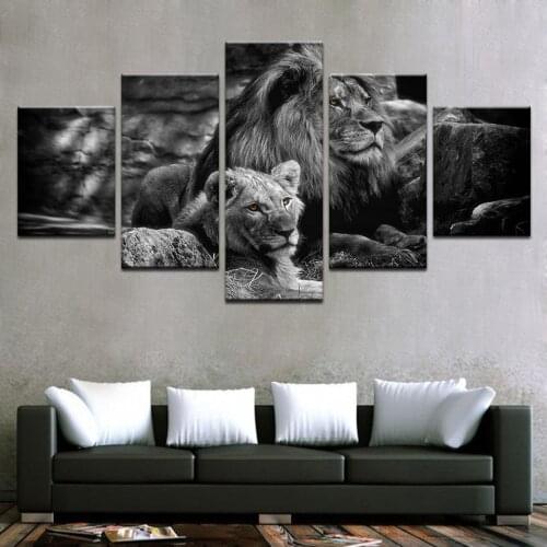 JIE DO ART Canvas Living Room Wall Decorative Print Poster 5 Panel Black Animal Picture King of the Forest Lion Painting