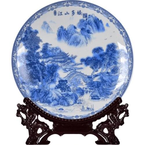 Jingdezhen Ceramic Ornamental Blue And White Landscape Plate Decoration Plate Wood Base House Porcelain Plate Set Wedding Gift