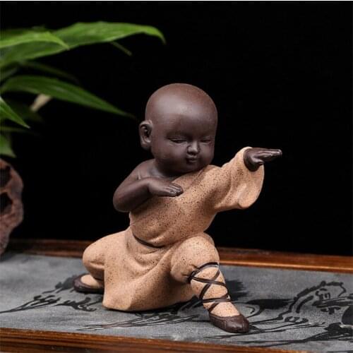 Ceramic Kung Fu Little Monk Figurine Tea Accessories Small Car Ornaments Creative Purple Clay Tea Pet Home Decoration Crafts
