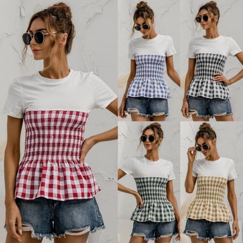 Summer Women T-Shirts Plaid Color Patchwork Short Sleeve Female Blouse 5 Colors Tunic 2021 Spring Autumn Casual Tee C2490