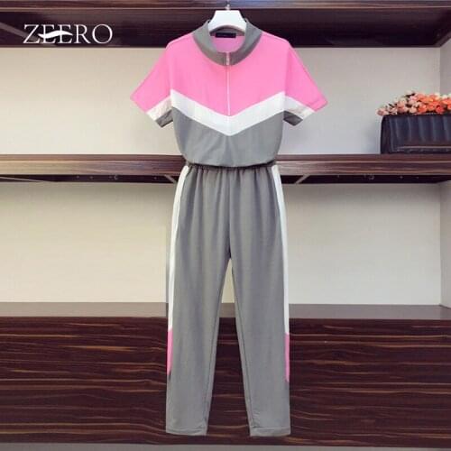Summer Two Piece Set Top and Pants Women Tracksuit Pink Striped T-shirt Womens Sweatsuit Long Pant Sets Plus Size Sport Suit 4XL