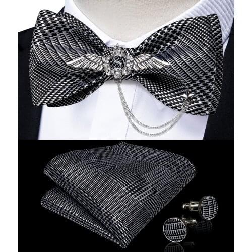 Mens Bow Tie Silk Homme Floral Black Blue Bowties Cufflinks Hankerchief Brooch Set For Party Wedding Formal Suit Accessories