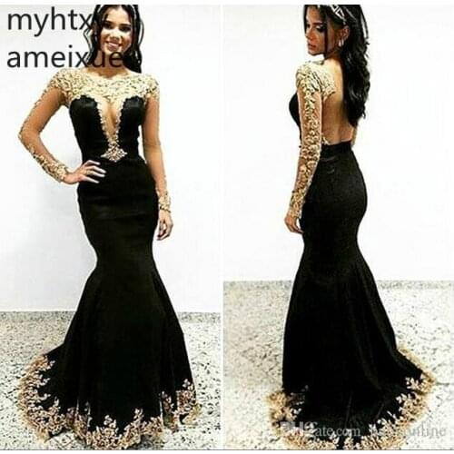 2020 New Cheap Black Sexy Prom Dress Mermaid Gold Appliques Long Sleeves Evening Party Event Gown Custom Made Plus Size Dresses
