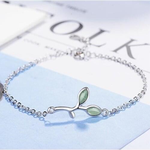 New Creative Temperament Opal Literary Leaves 925 Sterling Silver Jewelry Green Crystal Leaf Gift Bracelets SB113