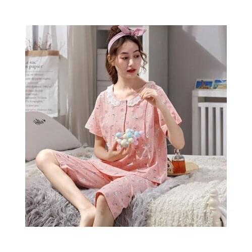 Pure cotton short-sleeve clothes summer pregnant breastfeeding pajamas loose large size breathable sweat-absorbent pregnant suit