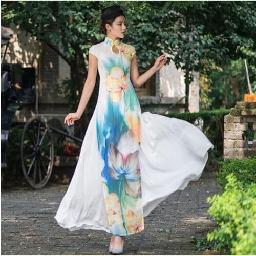 Original Vietnam aodai Graceful Stand Collar Robes Elegant Design Flower Fashion high quality Improved Long Cheongsam Dress