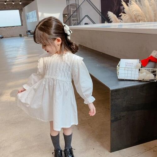 Dress Full Sleeve Knee Length Pullover A-line Solid Regular Cotton New Fashion Simple Sweet Spring Autumn Children Girls