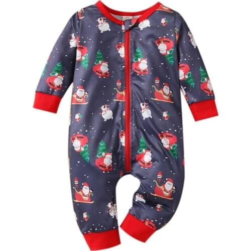2021 0-24M Xmas Infant Baby Boy Girl Jumpsuit Cartoon Santas Print Round Neck Long Sleeve Zipper Romper Costume Outfit