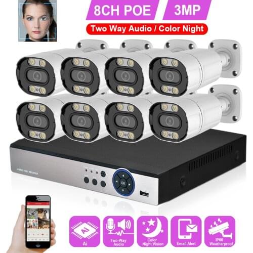 H.265 8CH 3MP Security Camera System 3MP Two Way Audio Color Night POE IP Camera Outdoor Waterproof Video Surveillance Kit