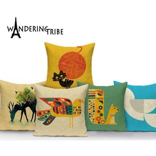 Birds Tree Cat Printed Vintage Cotton Linen Cushion Cover Bed Pillowcases cartoon Throw Pillow Covers Decorations 45x 45cm