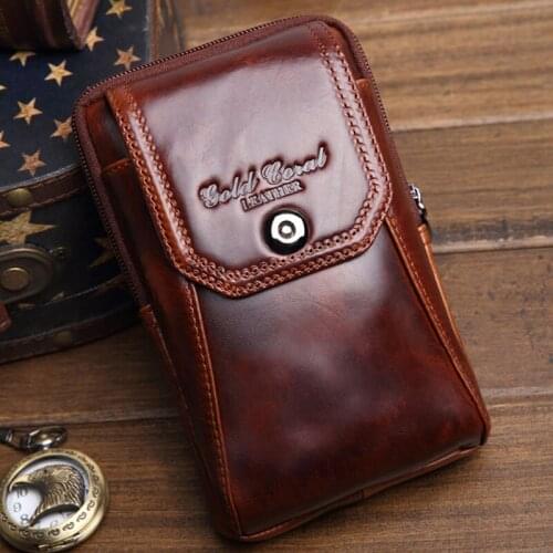 YIAN Men Genuine Leather Cowhide Hook Cell Mobile/Phone Case Cover Cigarette Belt Hip Fanny Bag Waist Pack Purse For Father Gift