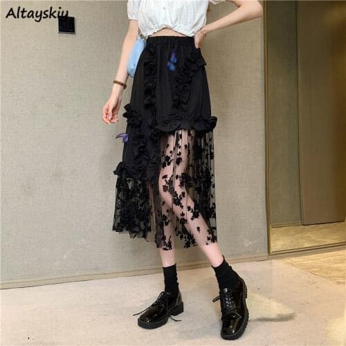 Skirts Women Summer A-line Mesh Patchwork Lace Oversize Ulzzang Loose All-match Trendy New Elastic High Waist Female Clothes Ins